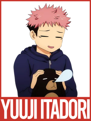 Hình ảnh nhân vật anime Yuuji Itadori với mái tóc hồng, đang ôm một chú gấu bông màu đen.