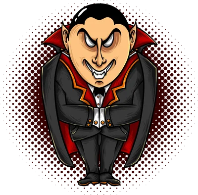 Hình minh họa ma cà rồng Dracula phong cách hoạt hình với áo choàng đỏ đen