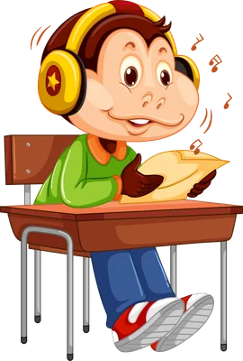 Hình ảnh hoạt hình chú khỉ đội tai nghe màu vàng, đeo kính, ngồi học bài trên bàn với vẻ mặt vui vẻ.