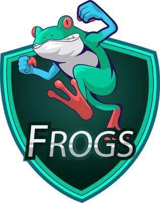 Hình ảnh minh họa ếch xanh với cơ bắp cuồn cuộn, đang chạy bộ, có chữ FROGS bên dưới, nằm trong khiên xanh đậm.