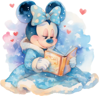 Hình ảnh Minnie Mouse trong trang phục mùa đông màu xanh, đang ngồi đọc sách với phong cách màu nước nhẹ nhàng, xung quanh có tuyết và trái tim.