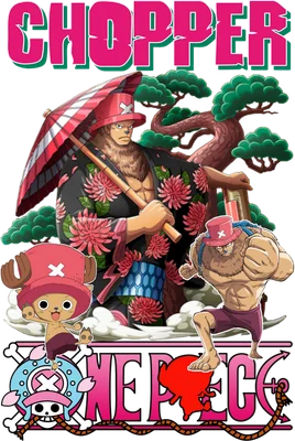 Hình ảnh Tony Tony Chopper trong One Piece với nhiều tạo hình khác nhau, phong cách Nhật Bản.