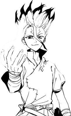 Hình vẽ nhân vật Senku Ishigami từ anime Dr. Stone, tóc dựng đứng, cầm một bình thủy tinh, biểu cảm tự tin.