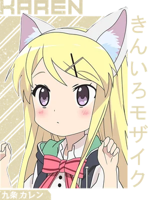 Hình ảnh cô gái anime tóc vàng với tai mèo, đeo nơ hồng, phong cách chibi.