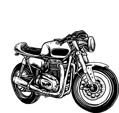 Hình minh họa xe mô tô Cafe Racer màu trắng đen trên nền xám, với chữ 'CAFE RACER' lớn phía trên.