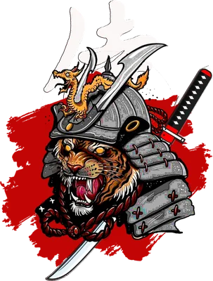Hình ảnh minh họa hổ đội mũ samurai, có rồng nhỏ trên mũ, kiếm và nền đỏ.