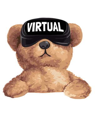 Hình ảnh gấu bông màu nâu đeo kính thực tế ảo (VR) màu đen, với dòng chữ trắng 'STAY IN VIRTUAL REALITY' và 'where dreams happen' trên nền xám.