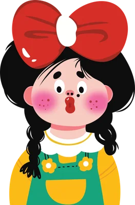 Hình minh họa cô bé hoạt hình dễ thương với mái tóc đen tết bím, nơ đỏ to trên đầu và má hồng.