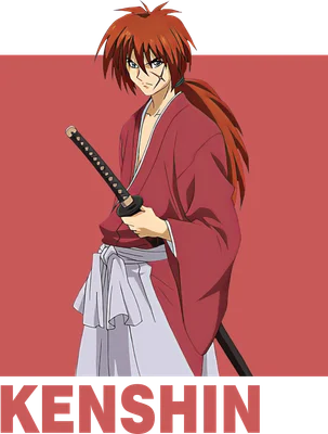 Hình vẽ chibi Kenshin, nhân vật samurai tóc đỏ, mặc áo đỏ, cầm kiếm, có vết sẹo chữ X trên mặt.