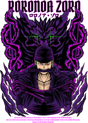 Hình ảnh Roronoa Zoro từ One Piece, cầm kiếm, với linh thú bóng tối màu tím phía sau.