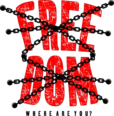 Thiết kế typography chữ Freedom màu đỏ hiệu ứng grunge bị xích sắt bao quanh