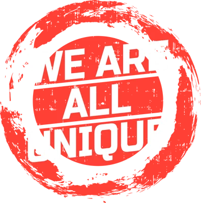 Hình ảnh chữ 'WE ARE ALL UNIQUE' màu trắng nổi bật trên nền đỏ tròn và viền xám grunge.