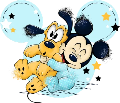 Hình ảnh hoạt hình Mickey Mouse bé nhỏ mặc đồ xanh chấm bi ôm chú chó Pluto màu vàng, với nền xám và các ngôi sao, vòng tròn xanh.