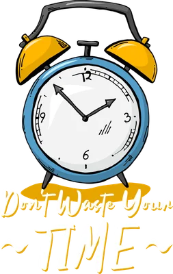 Hình vẽ đồng hồ báo thức màu xanh dương, vàng với dòng chữ 'Don't Waste Your TIME'