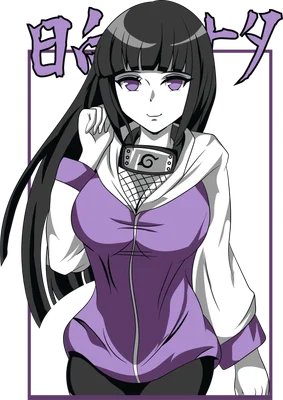 Hình ảnh Hinata Hyuga, nhân vật anime với mái tóc đen dài, đôi mắt tím và trang phục màu tím, đeo băng đô làng Lá.