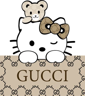 Hình ảnh Hello Kitty và gấu bông đội nơ và đeo túi xách in họa tiết Gucci.