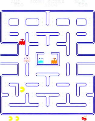 Màn hình game Pac-Man cổ điển với Pac-Man màu vàng, 4 bóng ma và các chấm tròn trong mê cung.