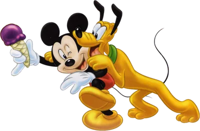 Mickey Mouse và Pluto hoạt hình vui vẻ, Mickey cầm kem ốc quế màu tím, Pluto ôm lấy Mickey.