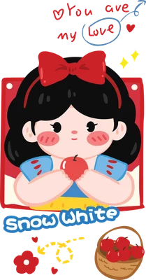Hình vẽ chibi Bạch Tuyết với mái tóc đen, nơ đỏ, má hồng, cầm quả táo đỏ, có chữ 'Snow White' và giỏ táo.