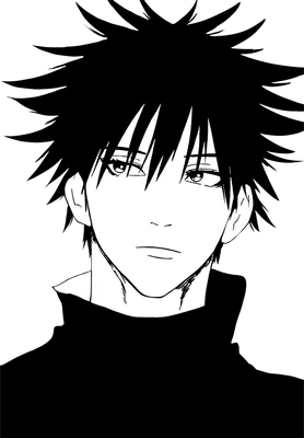 Hình vẽ nhân vật anime nam tóc đen, mắt sắc sảo, mặc áo cổ lọ đen, trên nền xám.