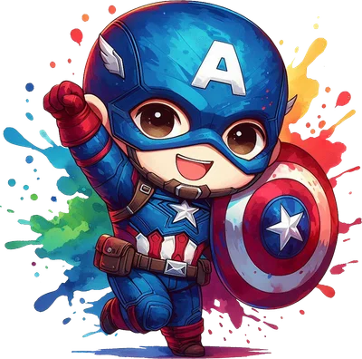 Hình ảnh Captain America phiên bản chibi dễ thương, mặc trang phục xanh đỏ, cầm khiên và mỉm cười, với vệt màu nước rực rỡ phía sau.