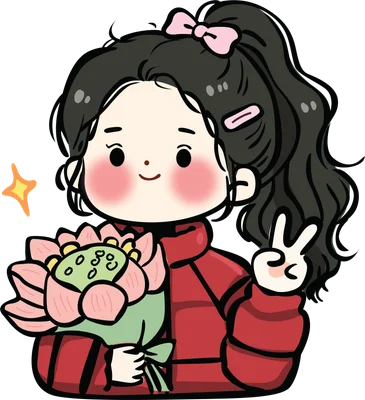 Hình vẽ chibi cô gái tóc đen buộc cao, đội nơ hồng, cầm bó hoa sen hồng và giơ tay chữ V, má hồng tươi tắn.