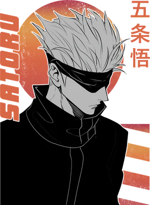 Hình vẽ nhân vật anime nam đeo băng mắt, tóc trắng, mặc áo đen, với nền có hình tròn và chữ Kanji.