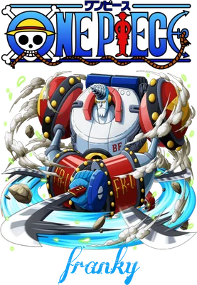 Hình ảnh robot Franky từ anime One Piece, với logo One Piece phía trên và chữ 'Franky' ở dưới.