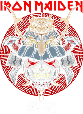 Hình ảnh mặt nạ Samurai Eddie của Iron Maiden với chi tiết rồng và hoa văn Nhật Bản.