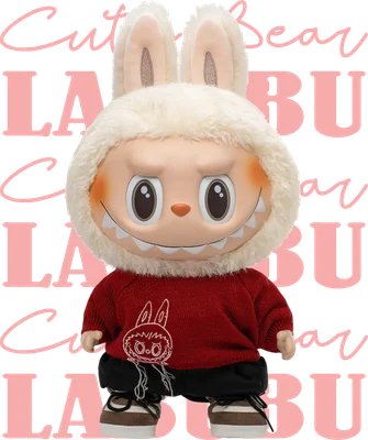 Labubu đáng yêu đội mũ thỏ trắng, áo len đỏ hình thỏ ngộ nghĩnh