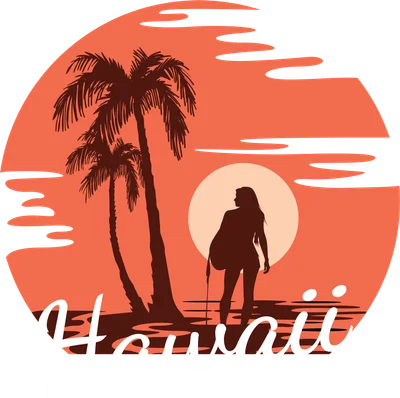 Hình minh họa phong cách retro cảnh hoàng hôn trên bãi biển Hawaii với bóng người phụ nữ cầm ván lướt sóng và cây dừa.