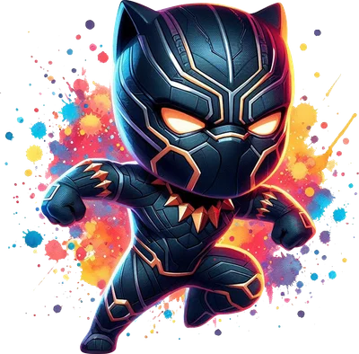 Hình ảnh Black Panther phiên bản chibi dễ thương trong bộ giáp đen vàng, với đôi mắt phát sáng và nền màu sắc bắn tung tóe.