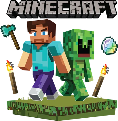 Hình ảnh Steve và Creeper từ game Minecraft, cùng với rìu kim cương, đuốc và quả trứng.