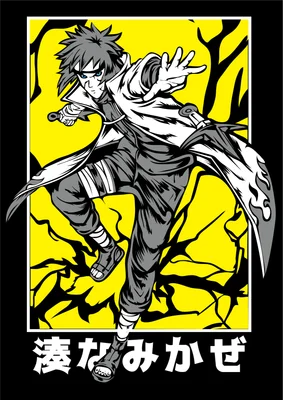 Hình vẽ nhân vật anime ninja với trang phục trắng đen, tay cầm vũ khí, trên nền vàng và đen.