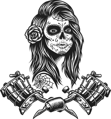 Hình ảnh cô gái phong cách sugar skull với hoa hồng, mạng nhện và hai máy xăm chéo, tông màu đen trắng.