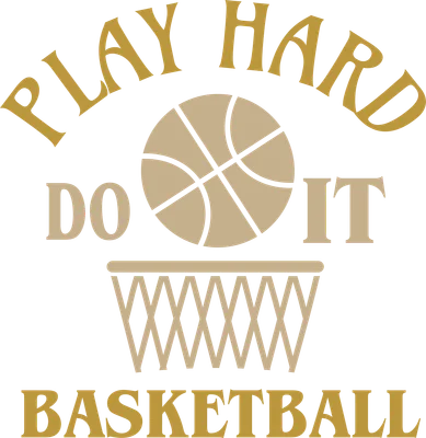 Hình ảnh minh họa bóng rổ, rổ bóng và dòng chữ 'Play Hard Do It Basketball' với màu vàng và xám.