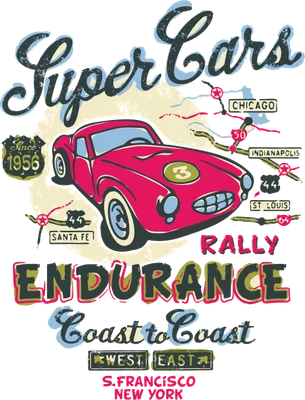 Hình ảnh xe đua cổ điển màu hồng với dòng chữ 'Super Cars Rally Endurance Coast to Coast'