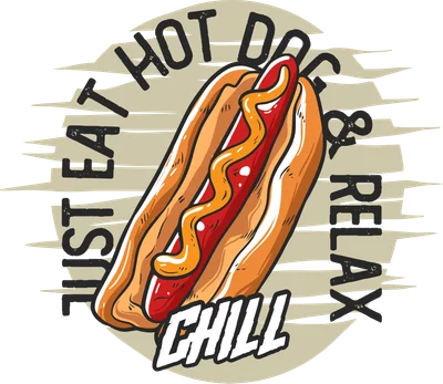 Hình ảnh minh họa một chiếc hot dog ngon mắt với sốt cà chua và mù tạt, bao quanh là dòng chữ 'Just Eat Hot Dog & Relax Chill'.
