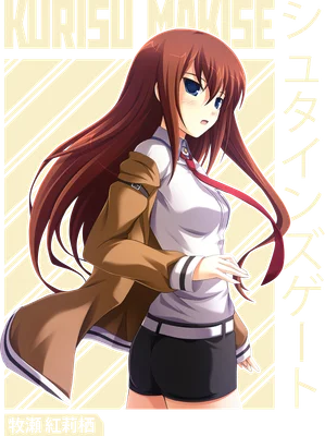 Hình ảnh anime Kurisu Makise với mái tóc nâu dài, mắt xanh, mặc áo sơ mi trắng, cà vạt đỏ, áo khoác nâu và quần short đen.