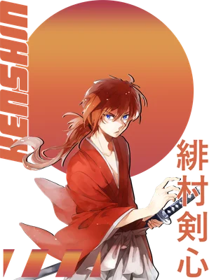 Hình ảnh anime Kiếm sĩ Rurouni Kenshin với mái tóc đỏ, mặc áo đỏ, cầm kiếm, có mặt trời phía sau.