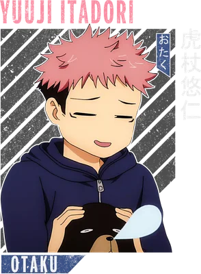 Hình ảnh Yuji Itadori, nhân vật anime với tóc hồng, đang ôm một chú gấu bông, có chữ 'OTAKU' và tên tiếng Nhật.