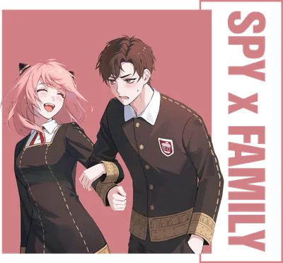 Hình vẽ Anya và Loid từ Spy x Family, Anya cười tươi rạng rỡ, Loid biểu cảm lo lắng.