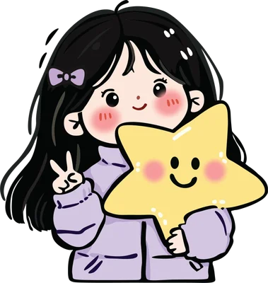 Hình vẽ cô bé chibi tóc đen, má hồng, cầm ngôi sao vàng có mặt cười, giơ tay chữ V.