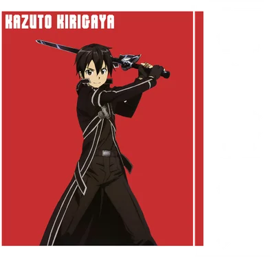Nhân vật Kirito từ Sword Art Online cầm kiếm, mặc trang phục đen, trên nền đỏ.