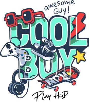 Hình minh họa chữ 'COOL BOY' lớn màu xanh ngọc, kèm kính râm đỏ, tay cầm chơi game, tai nghe, giày thể thao, ván trượt, ngôi sao và tia sét. Nền xám.