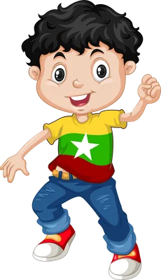 Hình vẽ hoạt hình một cậu bé tóc đen, cười tươi, mặc áo ba màu vàng, xanh lá, đỏ có ngôi sao trắng và quần jean xanh.