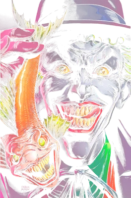 Hình ảnh minh họa Joker với nụ cười nham hiểm và một sinh vật có khuôn mặt méo mó, cười điên dại.