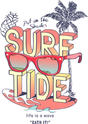 Hình minh họa chữ 3D SURF TIDE màu cam vàng, kính râm đỏ, ván lướt sóng, cây dừa và quả dứa trên nền xám.