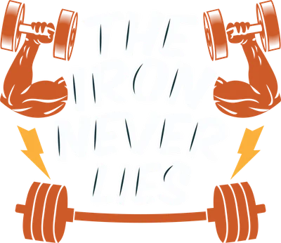 Hình ảnh "The Iron Never Lies" với tạ đơn, tạ đòn và tia sét, truyền cảm hứng tập luyện.