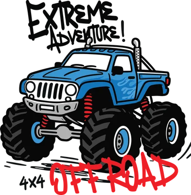 Hình vẽ xe bán tải quái vật màu xanh dương với bánh xe khổng lồ, có chữ "EXTREME ADVENTURE!" và "OFFROAD"